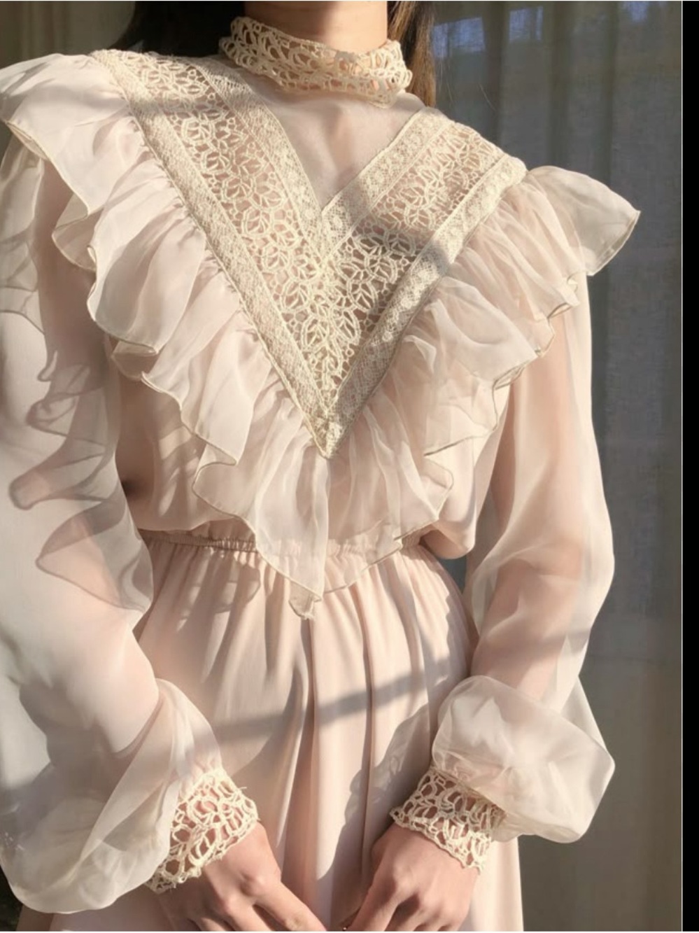 Vintage 1970s Norman Berg for denise Fashions Lace Ruffle Sheer Dress - Ivory